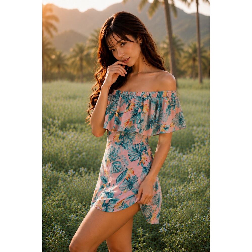 Pink Skies + Palm Vibes sun-kissed shoulders tropical flounce top mini Dress